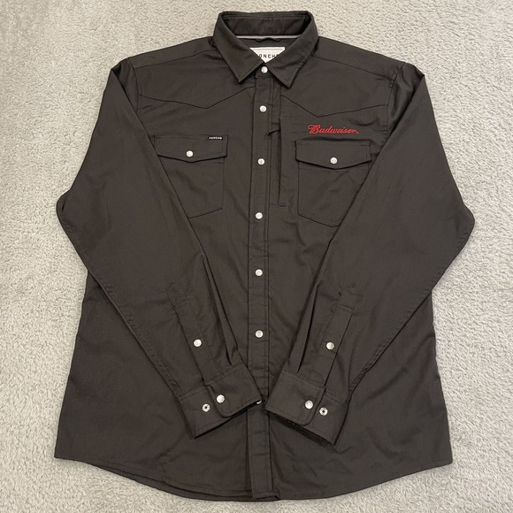 Poncho Budweiser Snap Shirt Men Large Slim Fit Dark Gray Black Polyester Fishing - Picture 1 of 9